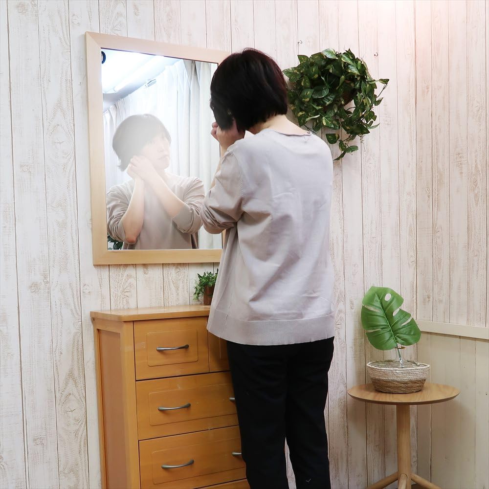 Stylish wall can be hung vertically or 55 x 80 made of made in with a natural wood Nordic-style mirror, horizontally, cm, wood, shatterproof, Japan,