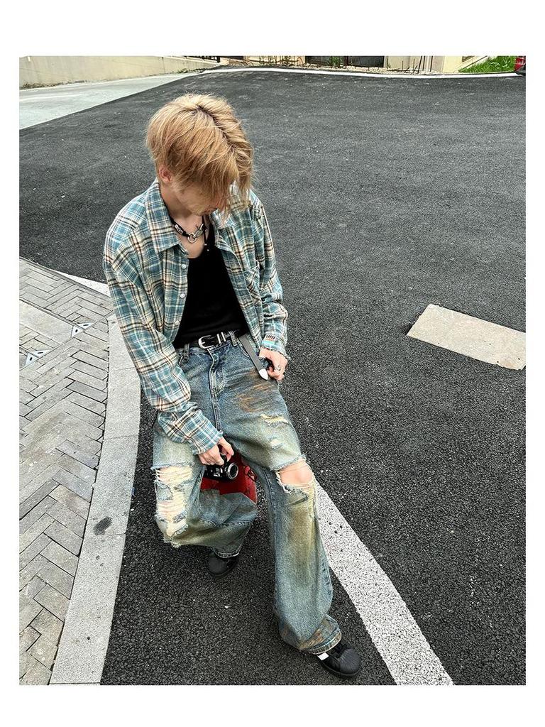 Unisex Trendy Plaid Long Sleeve Shirt with Frayed Hem - Versatile Retro Street Style for Spring and Autumn