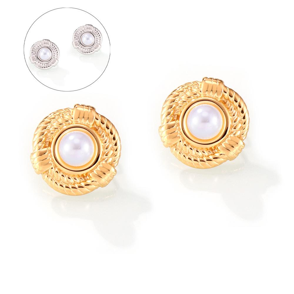 Style Niche Retro Geometric Line Twist Design Sense Earrings Round Brand Inlaid Shell Beads Titanium Steel Gold-Plated Stud Earrings