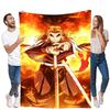 Anime Character with Fiery Energy Blanket - Dynamic Design Featuring Confident Anime Hero with Long Blonde Hair and Sword Surrou