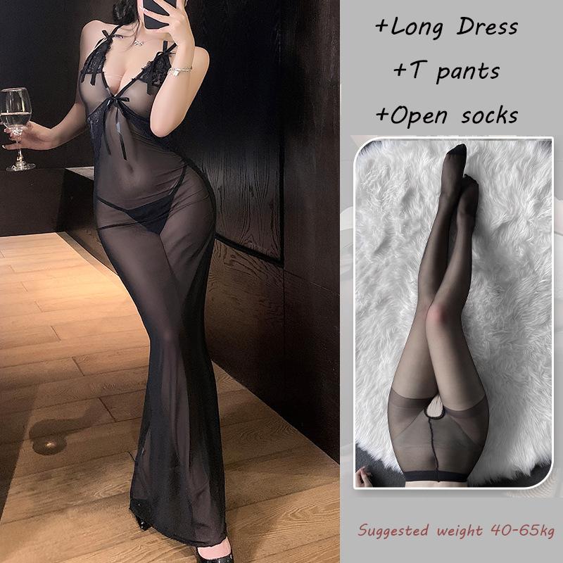 Sexy Long Dress Erotic Lingerie See Through Lace Dress Passionate Temptation OL Uniform Flirting Uniform Nightclub Tight Suit