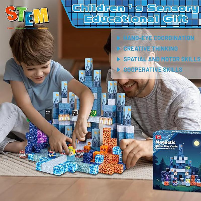 Non-Toxic 100Pcs Educational Diy Block Set Innovative 3D Puzzle Products Blue Castle Magnetic Magic Cube Building Blocks Toys For Kids
