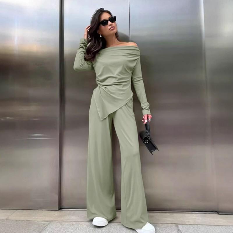 Womens One-neck Knit 2 Piece Set Solid Color Long Sleeve Top Pants Slim Fit Casual Outfit