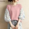 ZANZEA Women Elegant Floral Splice 3/4 Sleeve Loose Casual Crew Neck Blouse