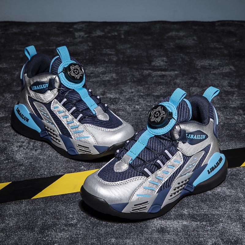 Nowe dziecięce buty do koszykówki z przyciskiem obrotowym, modne trampki dla chłopców, szkolne buty sportowe dla dziewcząt, dziecięce buty codzienne, buty outdoor