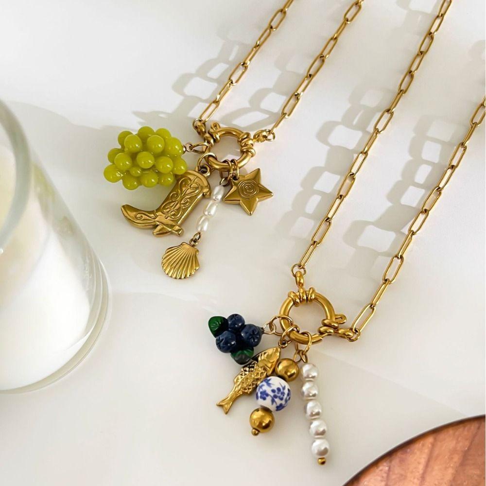 European Style Grape Blueberry Necklace Trendy Imitation Pearl Necklace Shell Pendant Choker  Party
