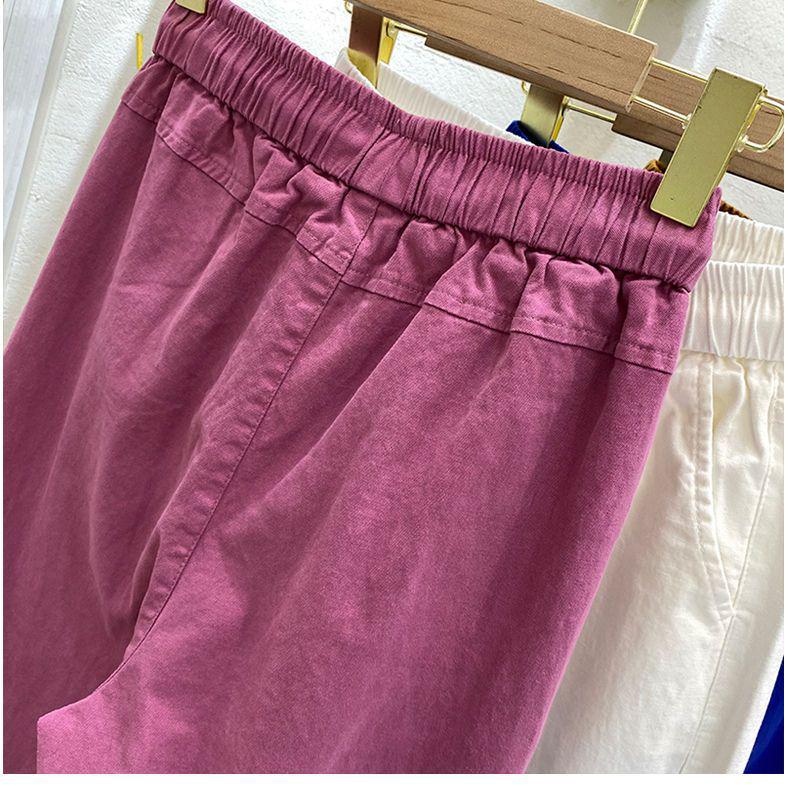 Women's Summer High-Waist Cotton Cropped Pants - Slimming, Harajuku Style, Plus Size, Elastic Waist, Lightweight Casual Wear