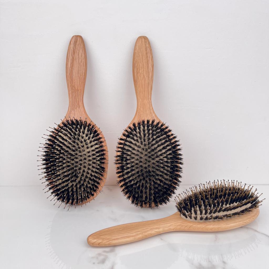 Premium Oak Wood Oval Paddle Hairbrush with Boar Bristles Cushion Detangling Massage Comb for Thin and Thick Hair Custom Logo