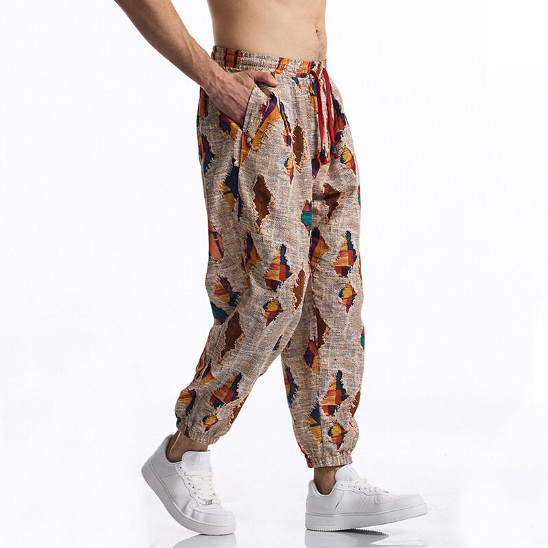 Summer Cotton Linen Men's Casual Drawstring Graphic Print Boho Tribal Vintage Pants Outdoor Activities Trousers Running Jogger