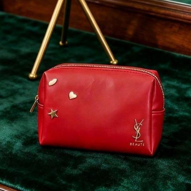​YSL Red Cosmetic Pouch with Gold Star Embellishments Lady Handheld Clutch Daily Essentials Organizer Pouch​