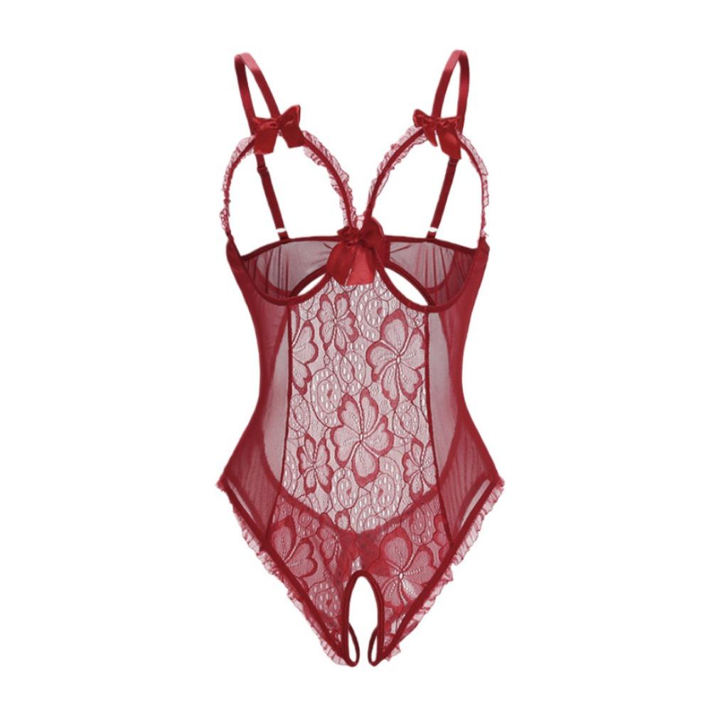 Deep V Women Underwear Open Crotch Lace Sling Nightwear Sweet Lace Bow Bodysuit Gifts