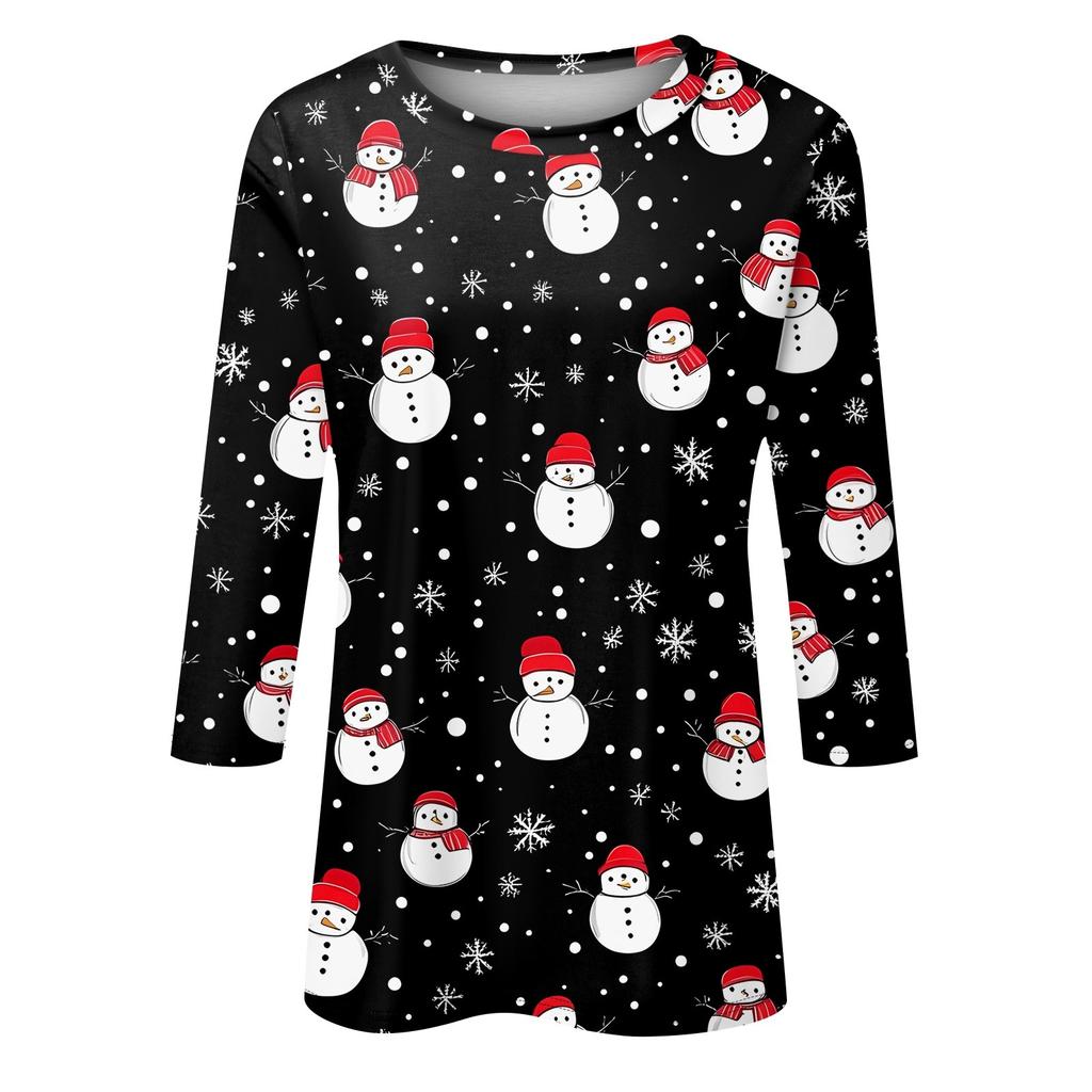 Women's Fashionable Casual Three Quarter Sleeve Christmas Printed Collar Pullover Top