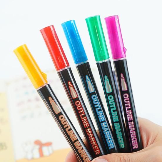 Dual-Tip Metallic Outline Pens Fluorescent Marker with Colorful Borders Smooth Tip Highlighters for Cards Crafts & Notes