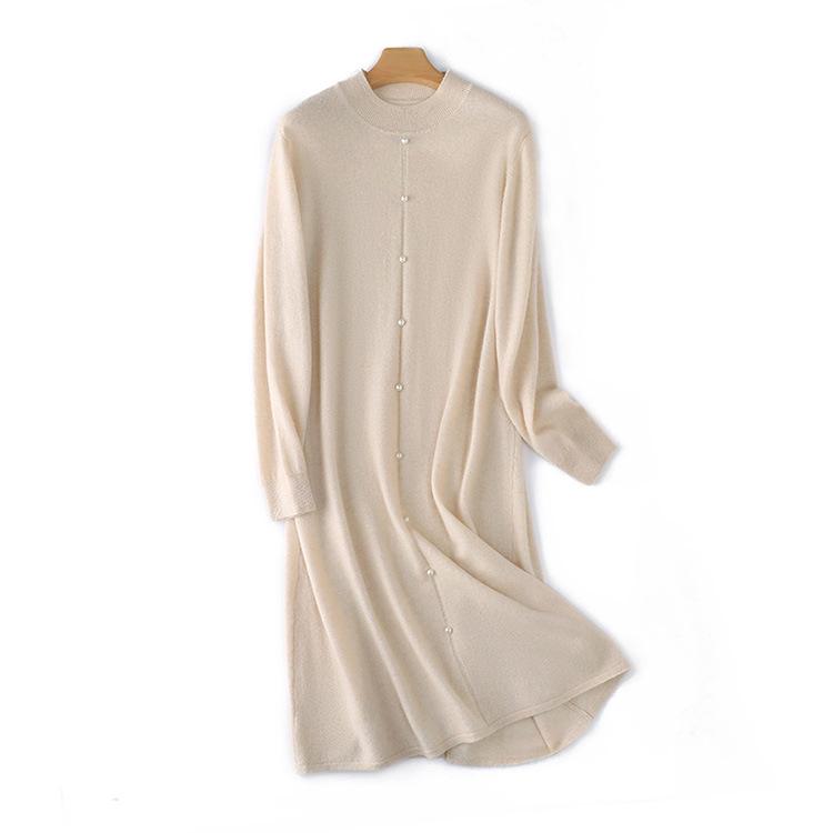 Women's Elegant Pearl Button Wool Dress - Autumn/Winter Knit, Half-High Collar, Loose Fit, Silk Luster Sweater