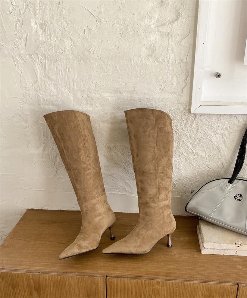 

2025 new European and American style matte high tube stacking boots square head kitten and long boots 39 абрикосовый