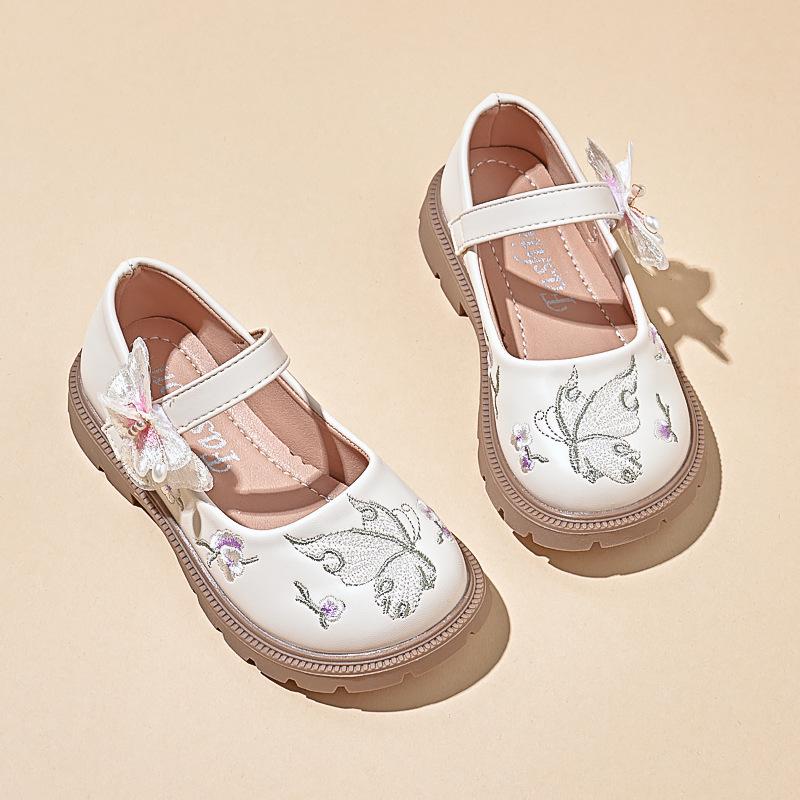 Bestickte Hanfu Leder-Ballerinas für Mädchen mit Klettverschluss für Herbst 2025 - Prinzessinnen-Stil für mittlere und große Kinder