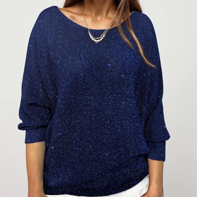 IHUASU Zlatý třpytivý úplet Dámský jednobarevný peplum top s dlouhým rukávem a kulatým výstřihem