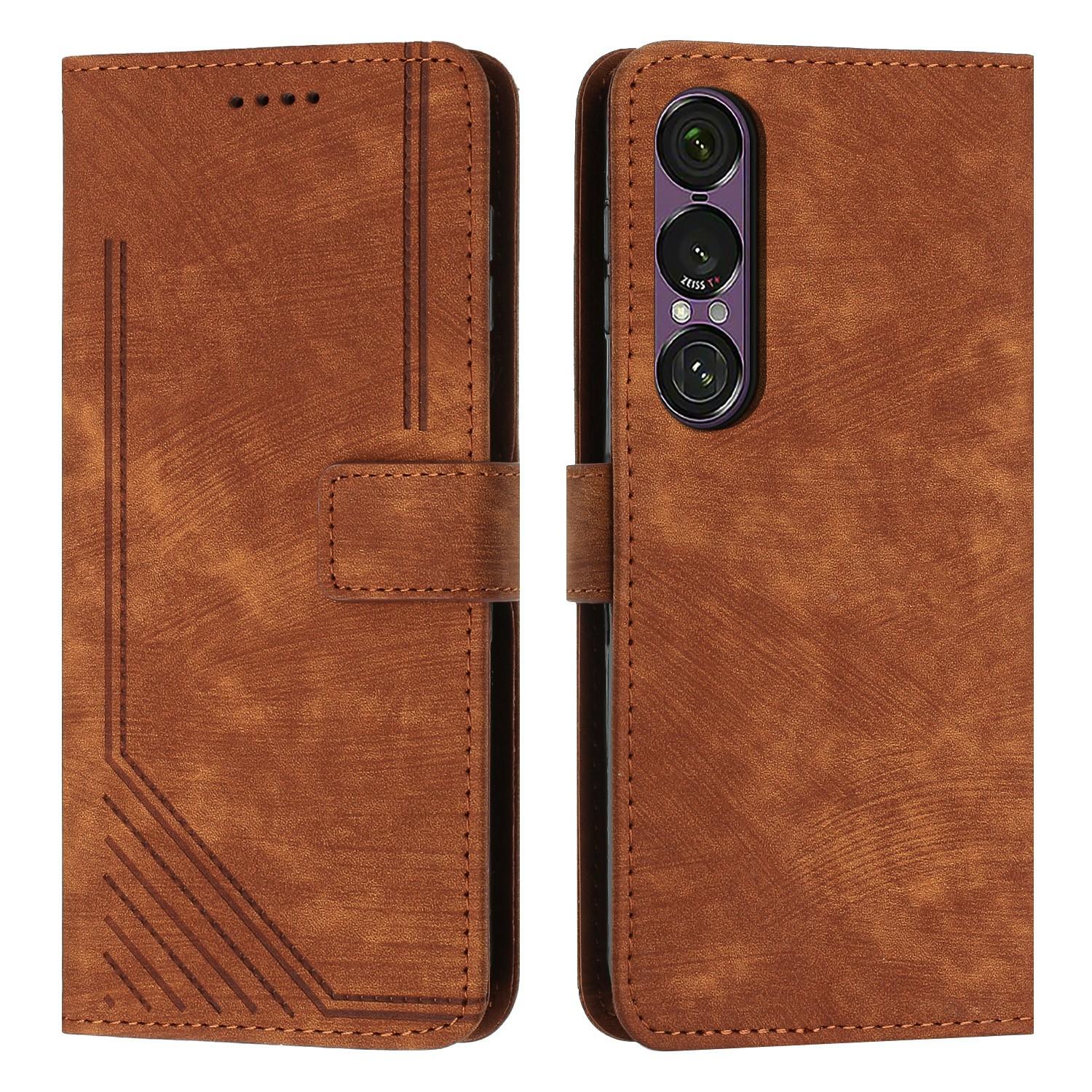 

Stand Case for Sony Xperia 1 VII Imprinted Lines Leather Phone Cover Brown