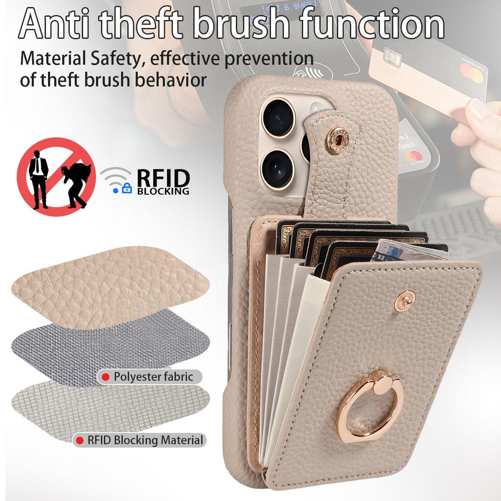 Litchi Texture PU Leather Wallet Case for iPhone 13 Pro Max, Accordion Card Holder with Ring Kickstand & Crossbody Strap, Shockproof Cover