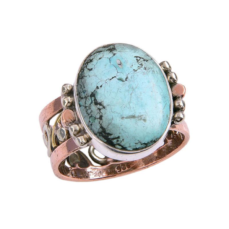 Natural Tibetan Turquoise Gemstone Two Tone 925 Sterling Silver Ring Size 9 F1d73