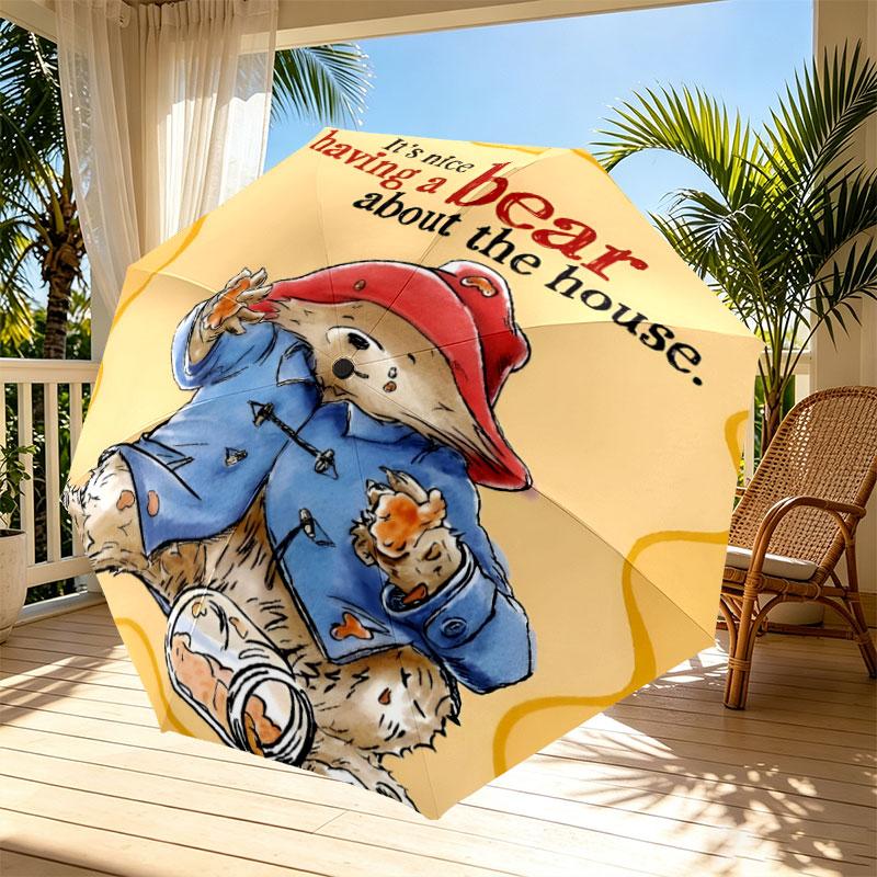 Paddington Bear Print Automatic Open Close Umbrella, Portable Foldable Umbrella, for Outdoor Commute Camping Trip, Ideal Birthday Gift