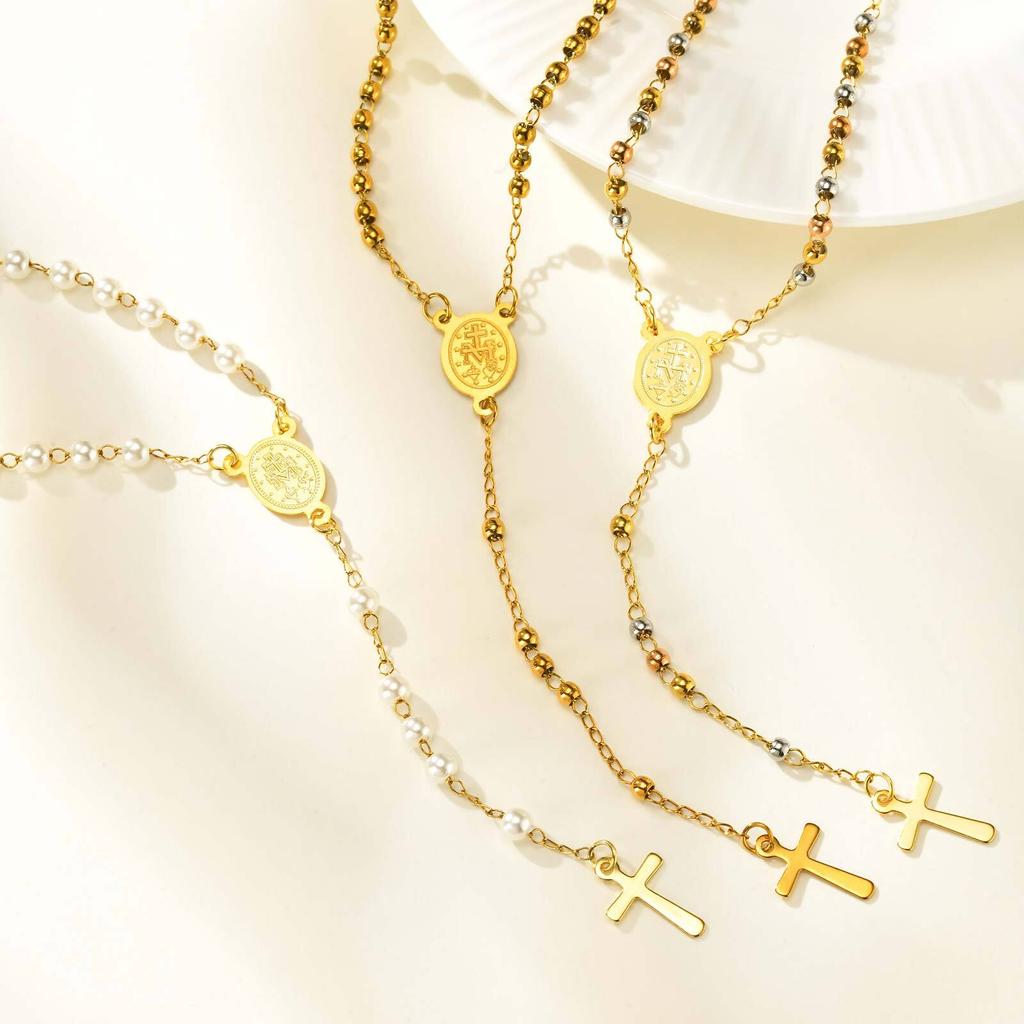 Vnox Stylish Stainless Steel Virgin Mary Necklaces, Multiple Beads Chain Cross Pendant, Long Sweater Chain Jewelry For Women
