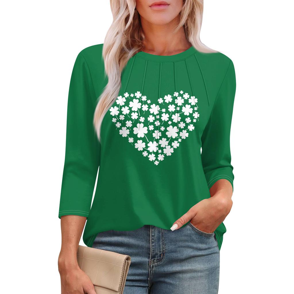 3/4 Langarm Damenoberteile Lässiges Tunika-Top Basic Plissiertes Hemd Locker St. Patrick Print Top