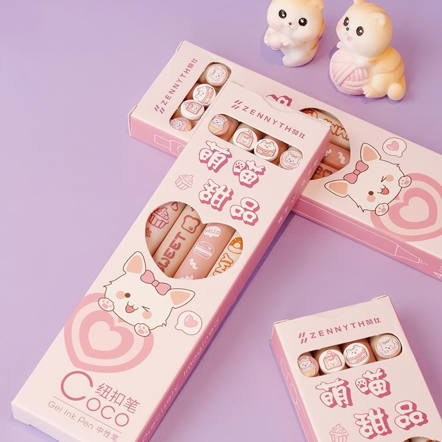 4pcs Kawaii Cat Dessert Retractable Gel Pen Set 0.5mm Ballpoint Black Ink Press Type for Girls Writing Gift A7569