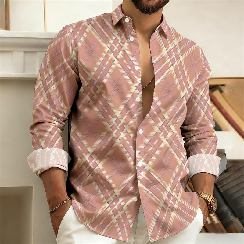 Men's 3D Printed Geometric Color-Blocked Long-Sleeved Shirt, Stylish Casual Slim-Fit Shirt, Outdoor Street Style Men's Top