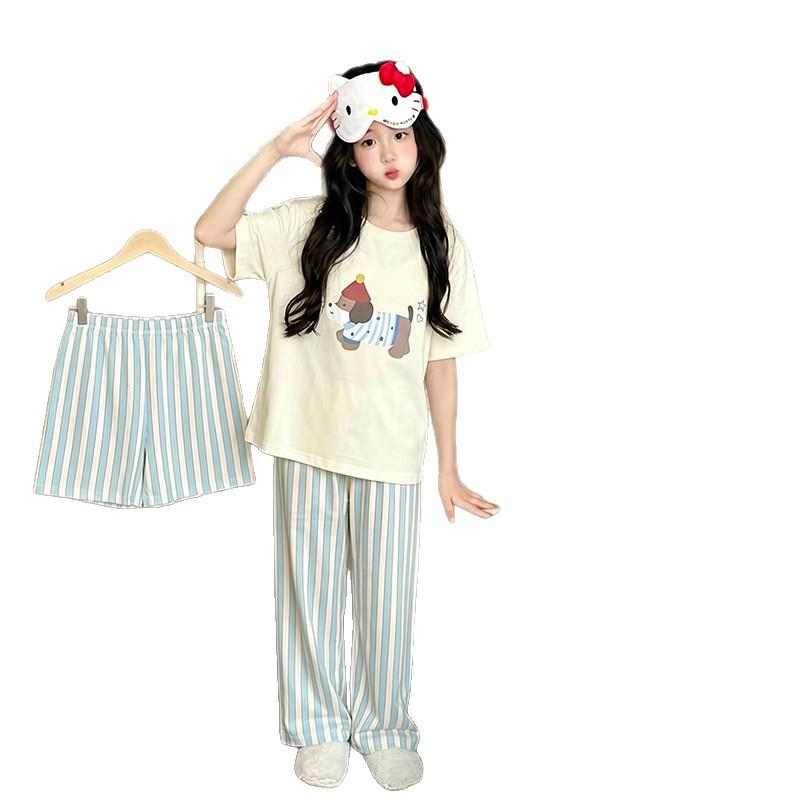 Girls' Cartoon Pajama Set - Short Sleeve, Long Pants, 3-Piece Summer Sleepwear for Kids