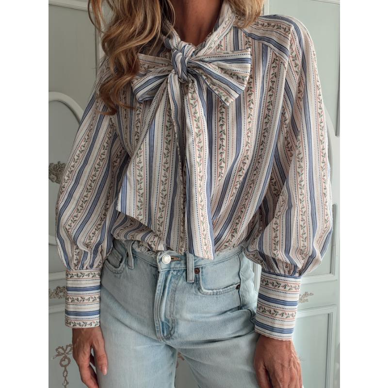 Womens Striped Printed Tie Neck Blouse Summer Fashion Vacation