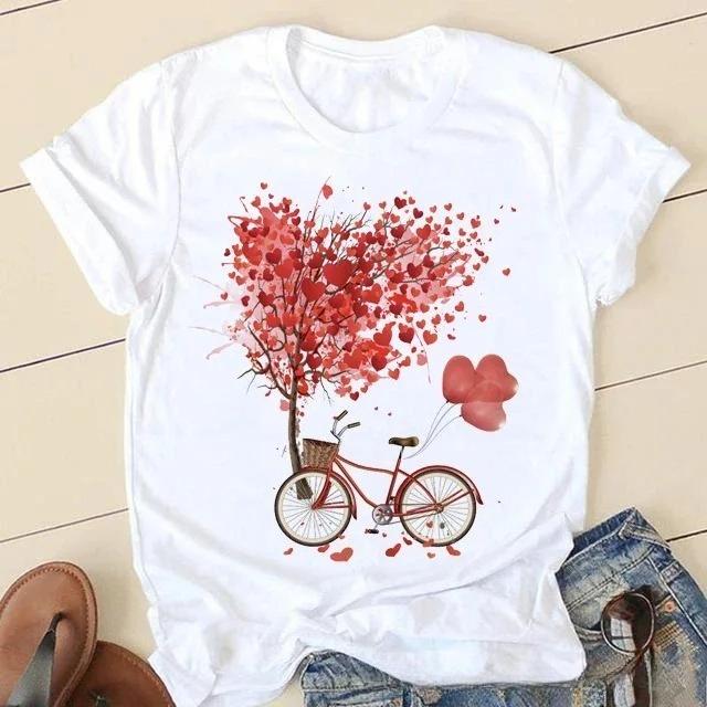 Womens White Short Sleeved Tshirt  Sunflower Bicycle Printed Casual Summer Fashion Tshirt with Rose Heart Pattern Top