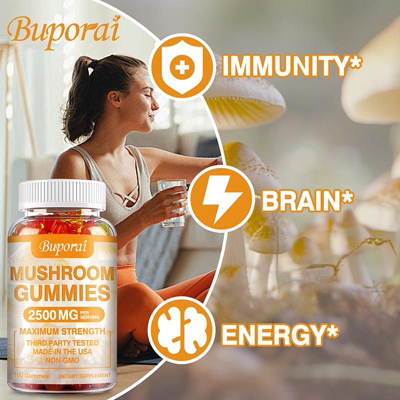 Mushroom Gummies Containing a Mixture of Hericium Erinaceus, Cordyceps Sinensis, and Ganoderma Lucidum To Boost Energy; Vegan.