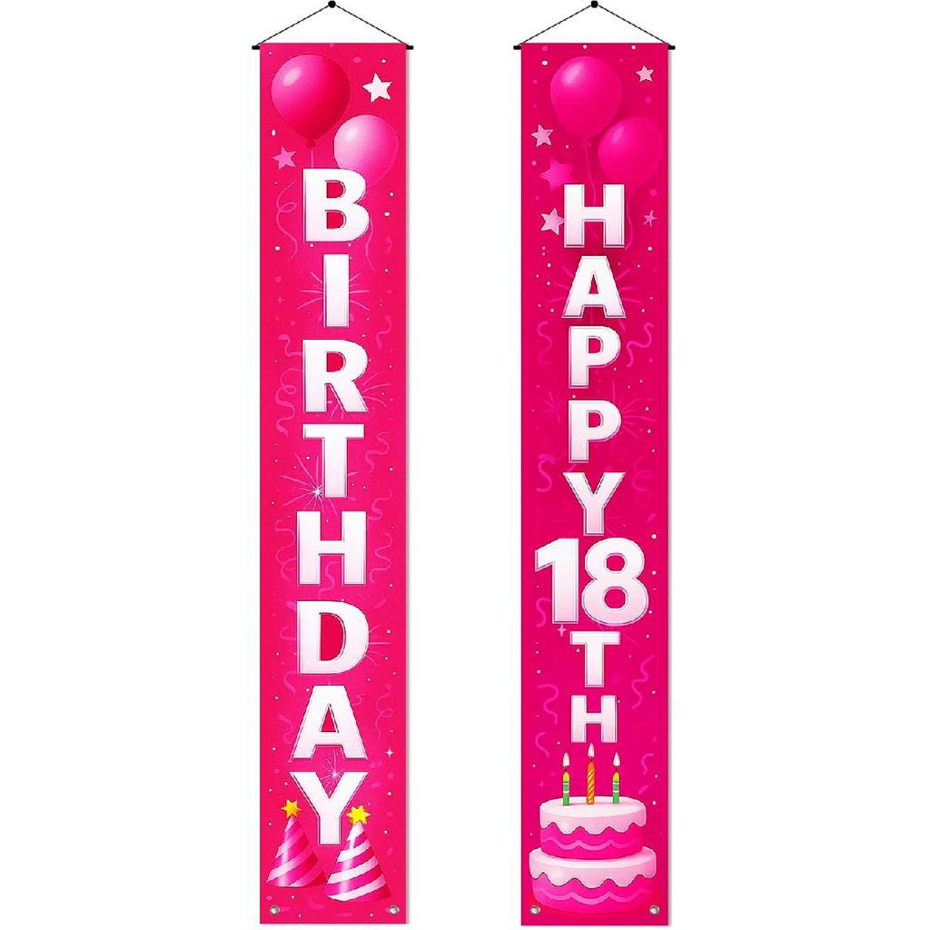 18th Birthday Door Banner 12x72 Inch Pink Gradient Backdrop with White Letters Balloon Cake Star Streamer and Graphics Happy Birthday Sign for Party