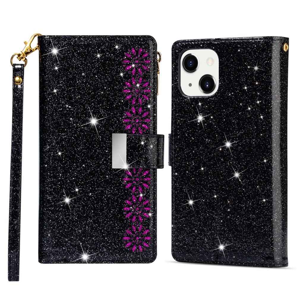 For iPhone 15 Zipper Wallet Stand Phone Case PU Leather Glittery Laser Carving Phone Cover