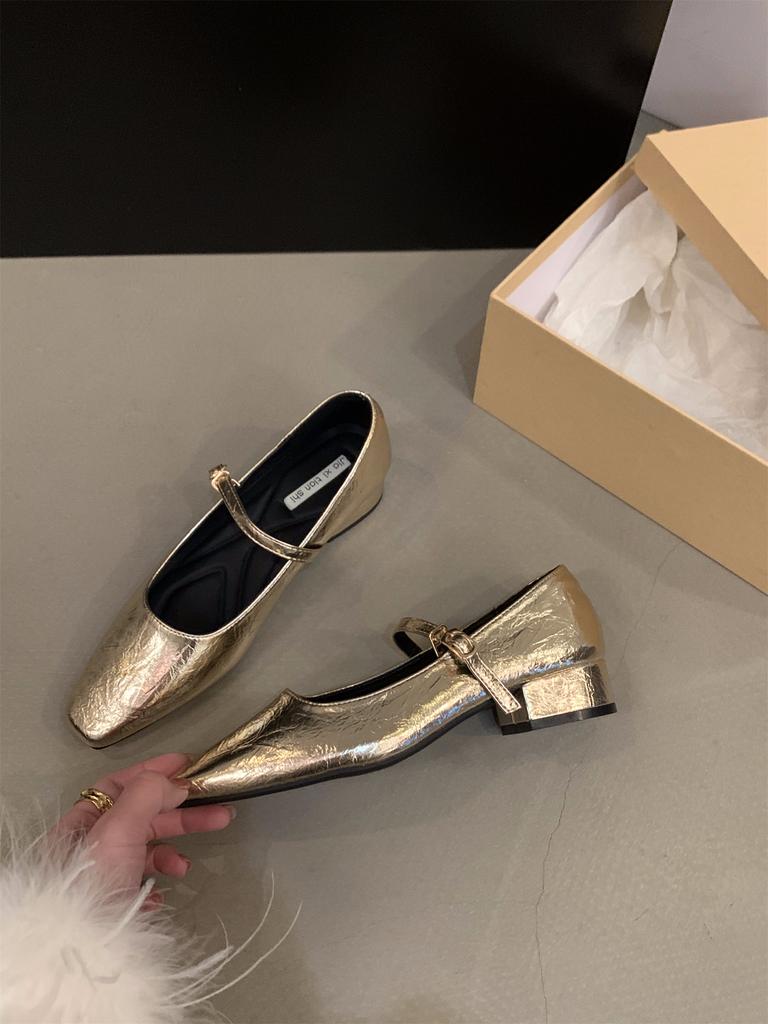 Stiprus kulnas sidabriniai Mary Jane vieno batelio moteriški batai 2025 nauji pavasario ir rudens kvadratinė nosis prancūziški pavasariniai su sijonu vakariniai batai