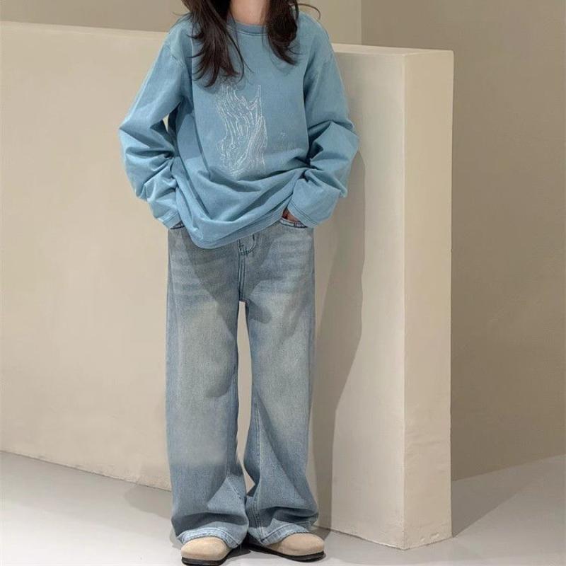 Teenager Girls' Jeans Straight Wide Leg Denim Trousers Spring Autumn Children Floor Pants 4-14yaers