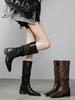 Retro Spliced Long Tube Boots Women'S Chunky Heel High-Cut Boot Cross-Banding Faionable Casual Round Toe Boot