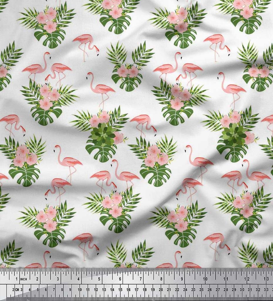 Soimoi Japan Crepe Satin Fabric Tropical Leaves,Floral & Flamingo Bird Print Fabric by the metre 42 Inch