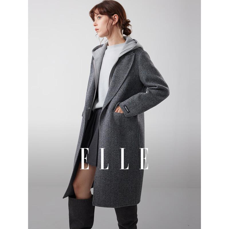 ELLE Women s Gray Herringbone Hooded Mid-Length Wool Blend Coat M