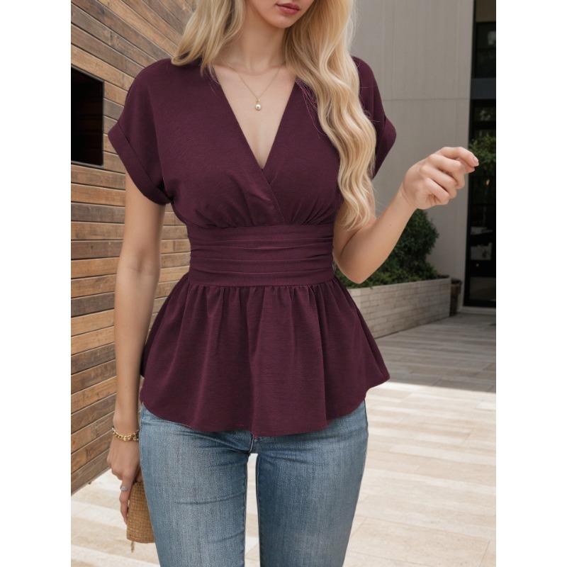 Spring Hot Sale V-neck Waist Solid Color Raglan Sleeve Skirt Pleated T-sleeve Women's Top