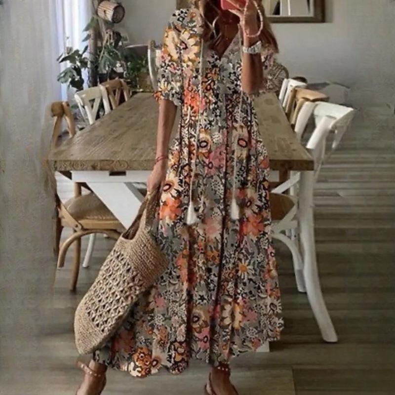 IHUASU Damen Casual Sweetheart Loose V-Ausschnitt Bedruckte Hosenträger Mittellange Ärmel Lange Kleider