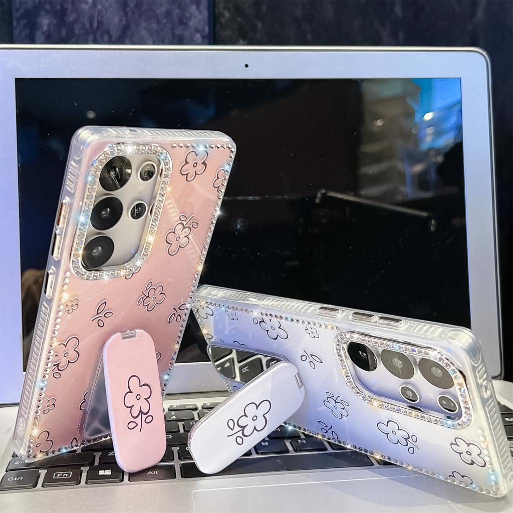 For Samsung Galaxy S25 Ultra Case with Straight Mirror Kickstand Rhinestone Edge Flower TPU+PC IMD Phone Cover