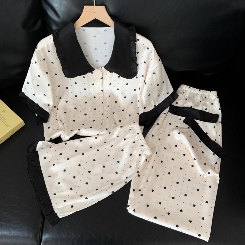Summer Princess Style Doll Collar Love Pajamas Three-Piece Comfortable Loungewear
