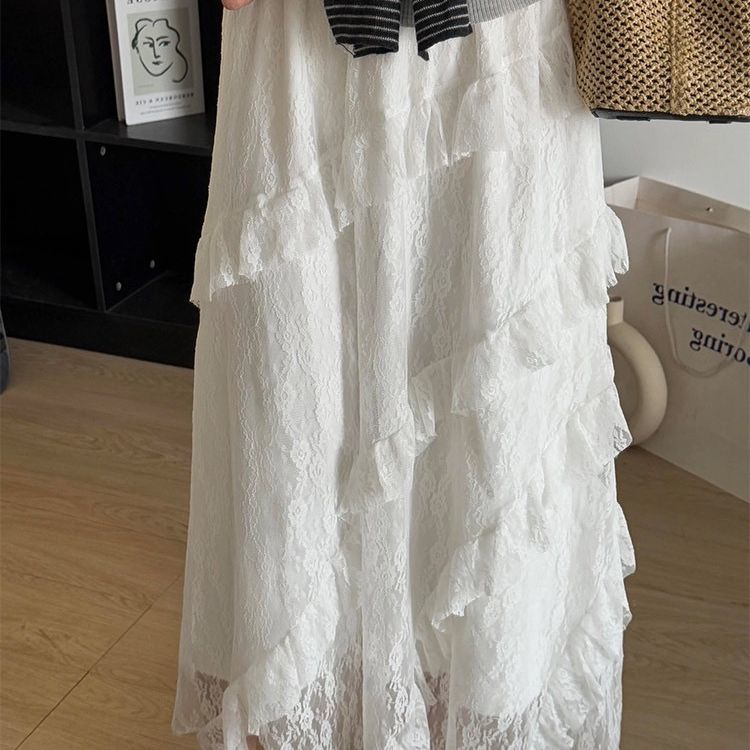 Koreansk Stil Asymmetrisk Spets Midi-kjol för Kvinnor - Sommar Tunn Design A-linje Utsvängd Lager-på-lager Tårta-kjol