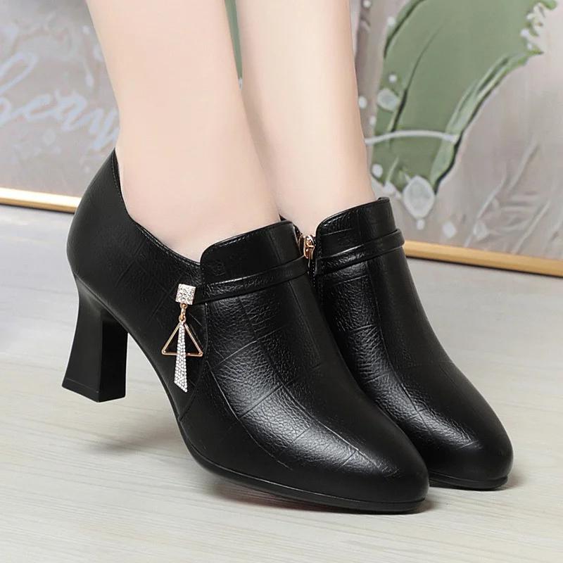 Elegant Deep Mouth Soft Leather Shoes Women Pumps Platform Spring  Comfortable Soft Sole Non-slip Block Heels Shoes