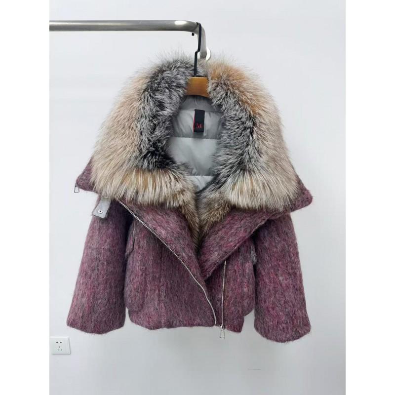 Womens 2026 Winter Goose Down Coat With Real Fox Fur Collar Loose Wool-Blend Puffer Short Jacket