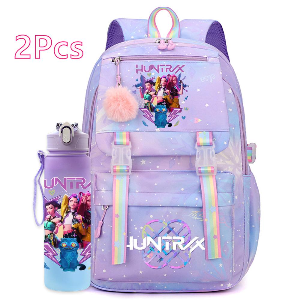 2 st/set Söt Anime Kpop Tryckt Ryggsäck 750 ml Vattenflaska Stor Kapacitet Resväska för Tonårsflicka Pojke Bokväska Barnpresent Rucksak