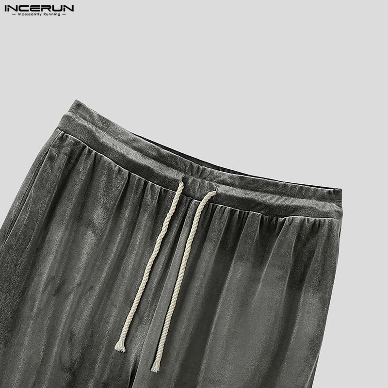 INCERUN Men Drawstring Elastic Waist Plain Velvet Casual Loose Long Trousers Pants