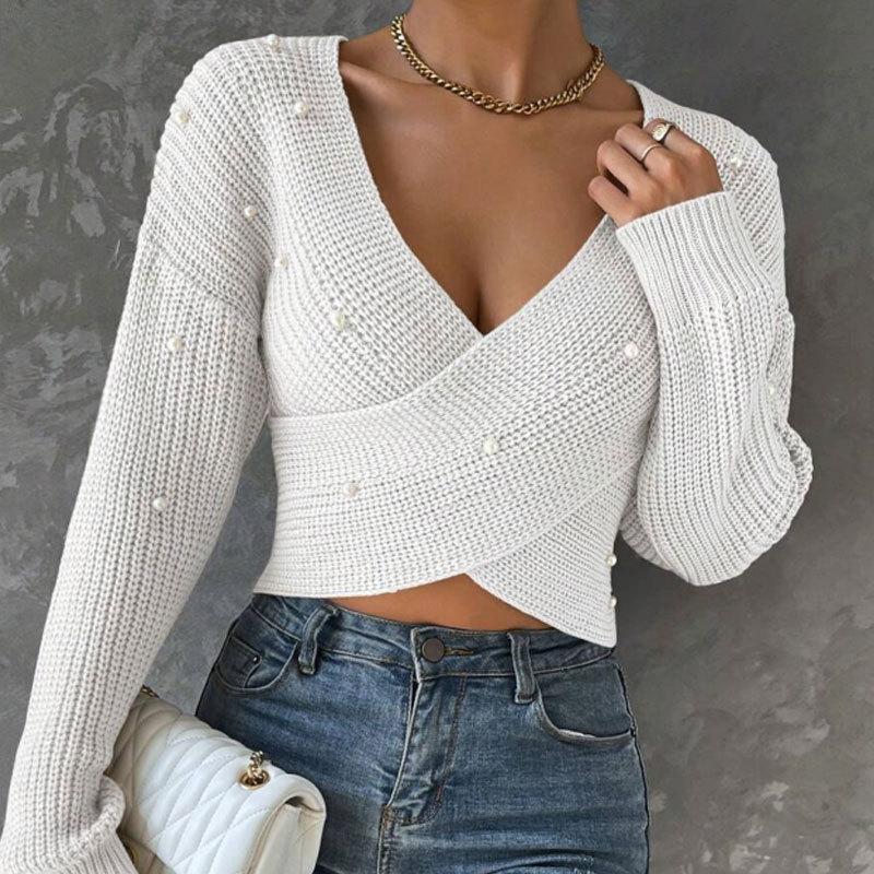 

Pink V-Neck Cross Front Short Knit Cardigan with Pearl Embellishments S белый